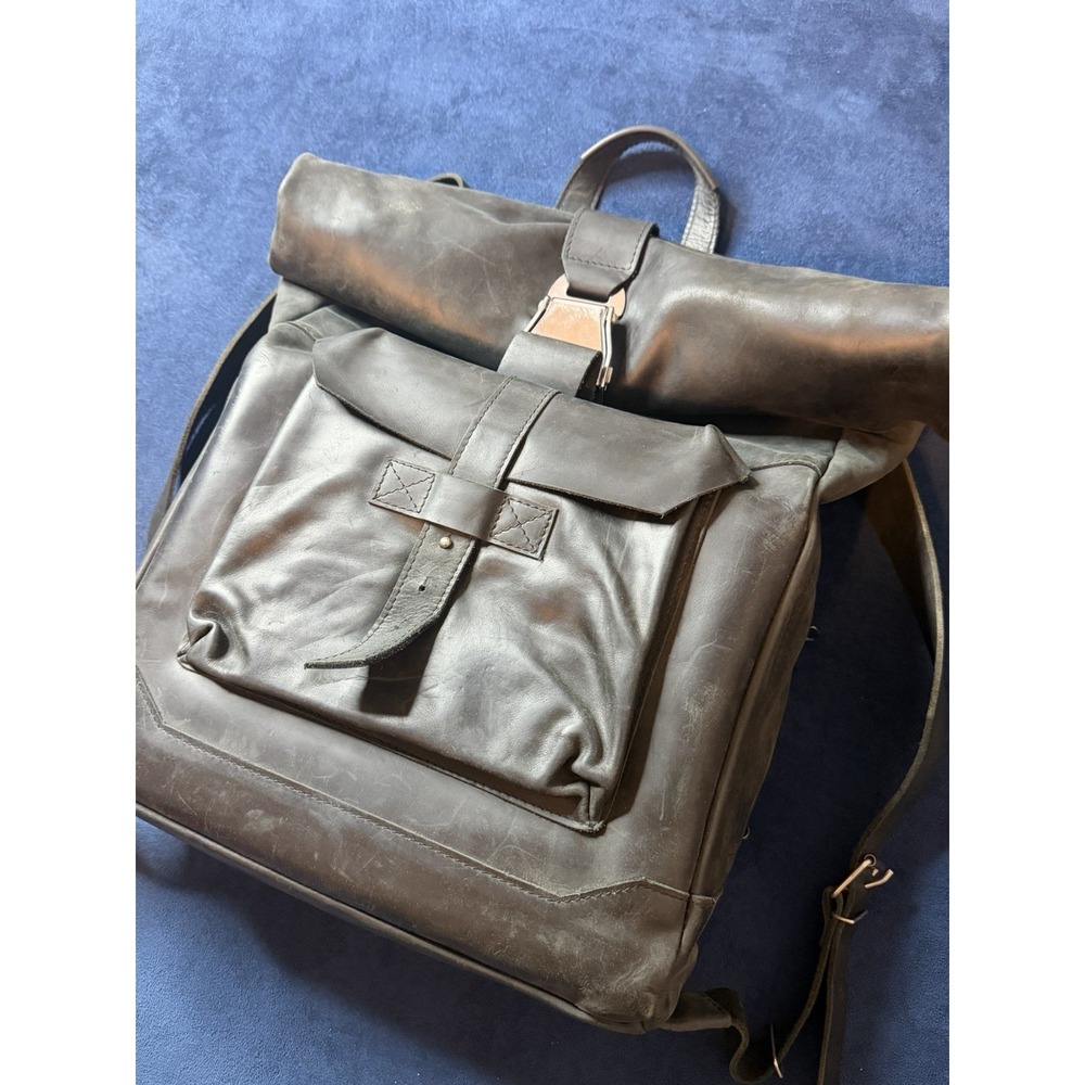 Handcrafted Full Grain Leather Roll Top Backpack Seatbelt Buckle Black 49 Street